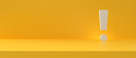 Panoramic studio photography yellow background with exclamation mark white. 3d rendering.の写真素材