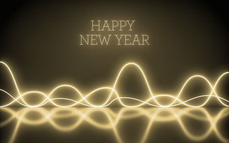 Background Futuristic Abstract Neon Waves with text happy new year. Light Shapes On gold and reflective - render, laser show, night club interior lights, glowing line, neon, concept party. 3d rendering.の写真素材