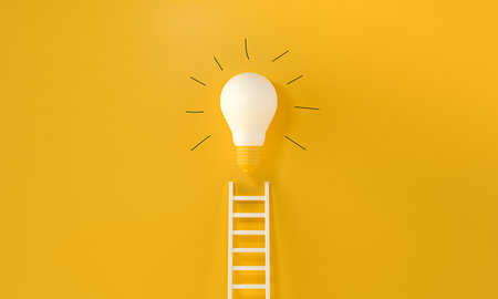 Lightbulb with a ladder and handmade gloss lines on yellowの写真素材