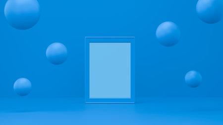 Frame with bubble floating on pastel blue studio. minimal geometric background shape abstract background. 3d rendering.の写真素材
