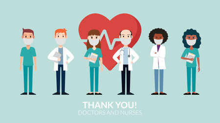 Thank you doctors and nurses wearing a mask with a heart behind working in the hospitals and fighting COVID-19. Vector illustrationのイラスト素材