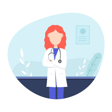 Red haired female doctor in her consultation with plants on blue background. Vector illustrationのイラスト素材