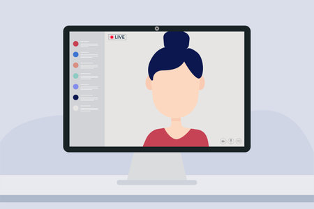 Young female blogger in live streaming online event, Video conference remote working. Vlogger concept. Website interface. Vector flat people illustration.のイラスト素材