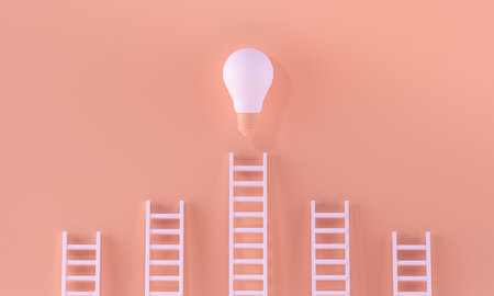 Stairs reaching a light bulb in a minimalist pastel orange background. idea, brainstorming, startup, inspiration concept. 3D rendering.の写真素材