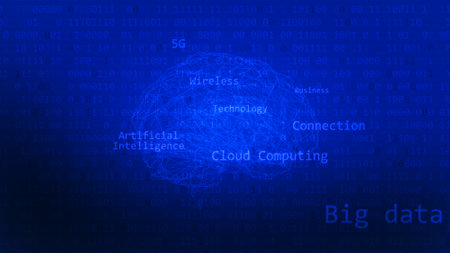 Artificial Intelligence, big data and cloud computing digital concept with brain shape. Tech blue...