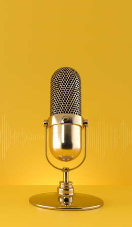Gold microphone and sound wave on yellow background mobile vertical format. Creator content, Podcast, live, streaming. 3d rendering.の写真素材
