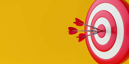 Close up red dart hitting target on yellow background. marketing goal concept. 3d rendering.