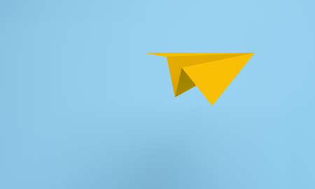 Isometric yellow paper airplane flying on blue background. 3d rendering.の写真素材