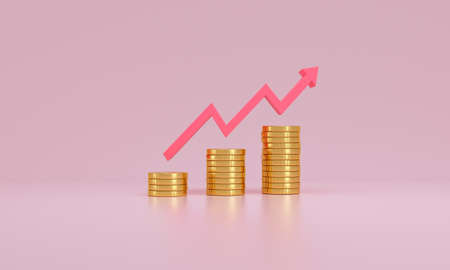 Up arrow and coin stacks on pink background. Growth and financial success concept. 3d renderingの写真素材