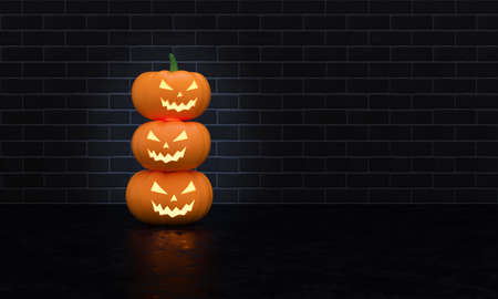 Scenery with brick wall and three halloween pumpkins. Dark halloween background. Scary, costume party. 3d rendering.の写真素材