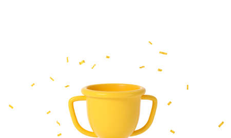 Close up Trophy cup with yellow falling confetti on white background. 3d rendering.の写真素材