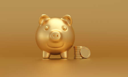 Golden pig bank and Stack of gold coins on golden background. retirement concept. 3d rendering.の写真素材