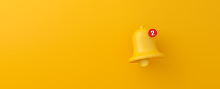 Notification bell on yellow background. 3d rendering.の写真素材