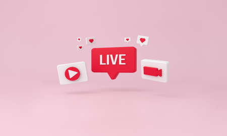 Live bubble, like heart, play and video minimal icons on pink background. 3d rendering.の写真素材