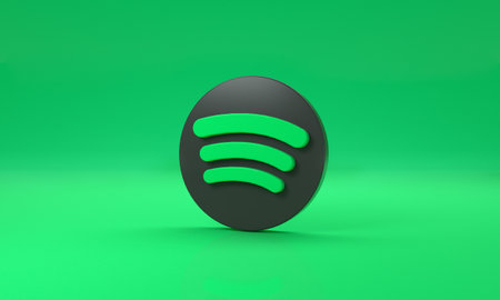 Spotify logo with space for text and graphics on green background. 3d rendering.のeditorial素材