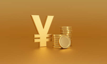 Yen or Yuan money symbol next to Stack of gold coins on a golden background. Currency exchange. 3d rendering.の写真素材