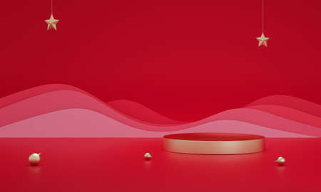 Merry christmas landscape with golden podium product display and christmas star. 3D rendering.の写真素材