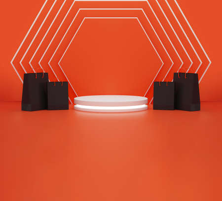 Hexagonal wall and Podium with Shopping bags on studio background. Autumn discounts. 3d rendering.の写真素材