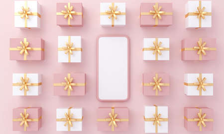 Pattern gifts box and a smartphone on top view on pink background. 3D illustration.の写真素材