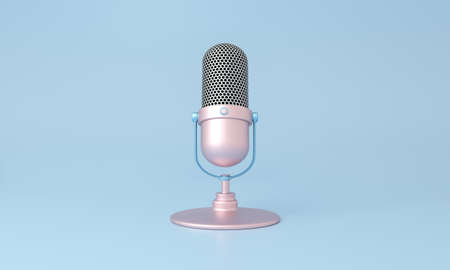 Cute pink microphone isolated on blue minimal style background. 3d rendering.の写真素材