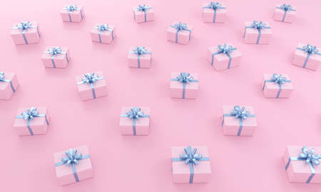 Pink gifts pattern with ribbon blue on isometric background. 3D illustration.の写真素材