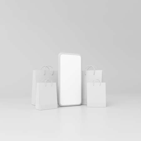 Shopping bag pay online transaction via smartphone on grey background. Online payment concept. 3d rendering.の写真素材