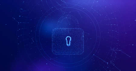 Lock on abstract network connections data background .background with code hacking concept. 3d...