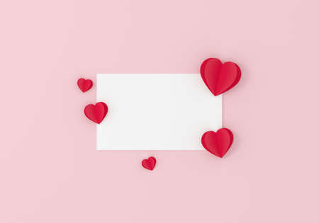 Card with paper hearts on pink background. Valentines, mother or woman day concept. 3D illustration.
