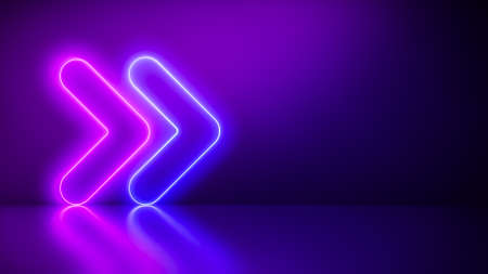 Neon arrow abstract Blue And Pink with Light Shapes on colorful background and reflective floor, party and concert concept.の写真素材