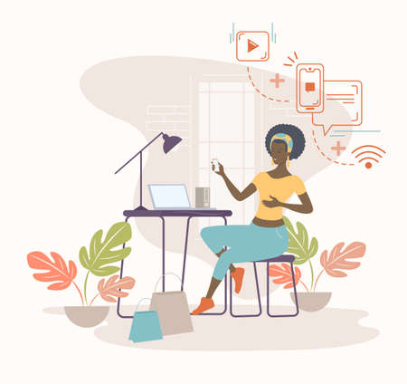 Woman working and shopping online at home or in the office sitting in front of her laptop. Vector illustration.のイラスト素材