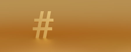 Panoramic golden studio background with gold Hashtag symbol. Trending topics, trends, digital marketing. 3d rendering.の写真素材