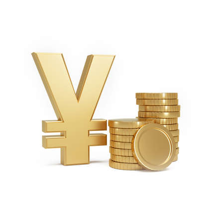 Yuan or Yen money symbol next to Stack of gold coins on a white background. Currency exchange. 3d rendering.の写真素材
