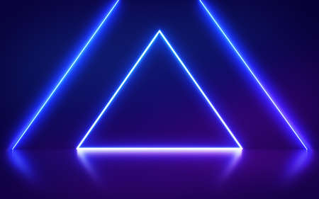 Neon triangular portal on abstract fashion background, glowing lines, triangle, Virtual reality, violet neon lights, Laser show. Poster graphics.の写真素材