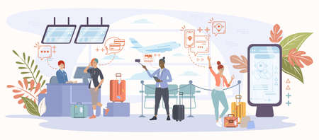 Registration in airport terminal passengers standing in queue at departures gate. Check in. Vector illustrationのイラスト素材