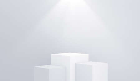 Minimalist cubes podium with a highlight on white background. 3D Rendering.の写真素材