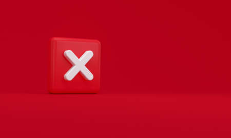 Wrong cross mark or negative, no choice icon on red background. 3D rendering.の写真素材