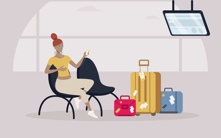 Woman waiting to board the plane with her luggage around and listening to music. Vector Illustrationのイラスト素材
