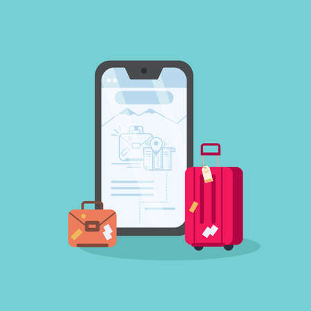 A smartphone and luggage next to it. concept of buying tickets online. Vector Illustration.のイラスト素材
