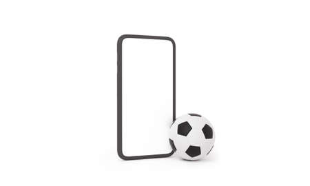 Soccer ball next to a smartphone screen on isolated white background. online betting concept. 3d rendering.の写真素材