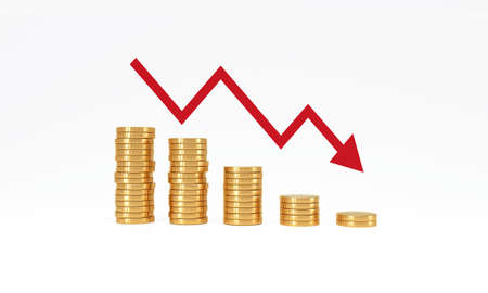 Coin stack step down graph with red arrow on white background. management business finance and...