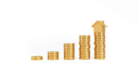 House Model on Top of Stack of Coins on white background. Real Estate Market Growth concept. 3D rendering.の写真素材