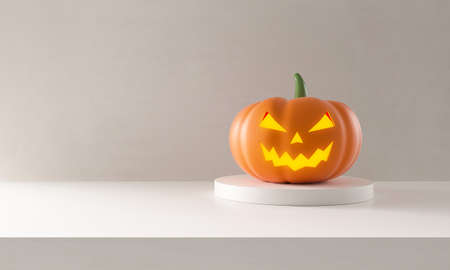 Halloween pumpkin on podium on studio studio background. Empty podium platform. 3d rendering.の写真素材