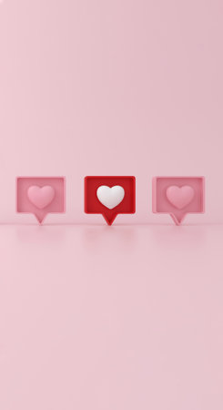 Social media notification like heart icon in red on pink background. Concept of Leadership, think...
