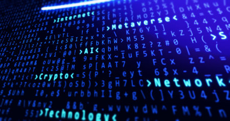 Binary code with crypto, internet, ai, network and metaverse text highlighting. Tech background.