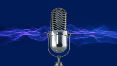 Microphone and sound wave on the universe of data inside of the virtual reality on abstract background. Mic, Podcast, live, streaming concept. 3d rendering.の写真素材