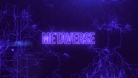 Abstract background of connection data and metaverse text. Tech backdrop.の写真素材