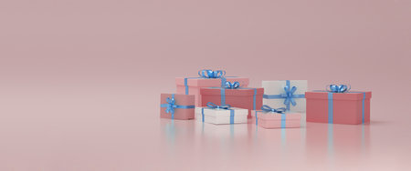 Pastel pink gift box with blue ribbon on panoramic minimal pink background. 3D Illustration.