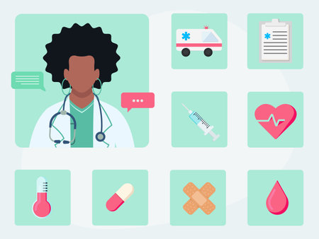 Black woman doctor and a set of health icons. Vector illustration.のイラスト素材