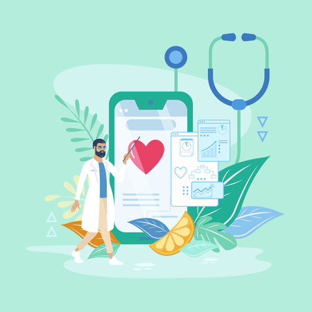 Online healthcare and medical consultation, Digital health concept. Doctor showing mobile app with test results. Illustration vector.のイラスト素材