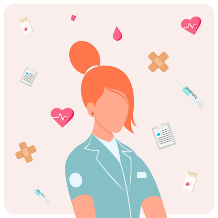 Nurse or doctor with medicines around. Healthcare concept. Vector illustration.のイラスト素材